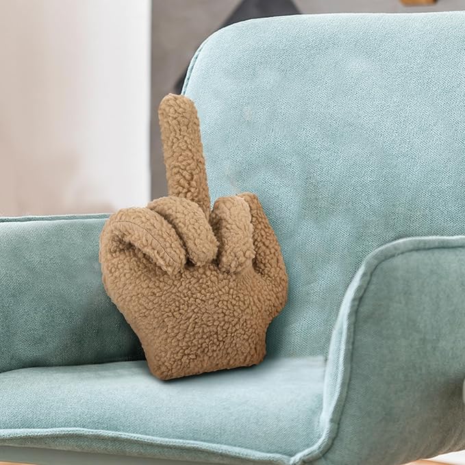 Menkxi Small Middle Finger Decorative Pillow 13.78 x 9.84 in Funny Shaped Sherpa Fleece Throw Pillow Warm Soft Emoticon Cushion Middle Finger Decor for Couch Gag Gift(Light Brown)