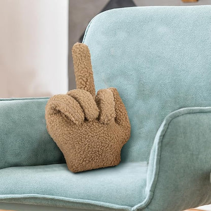 Menkxi Small Middle Finger Decorative Pillow 13.78 x 9.84 in Funny Shaped Sherpa Fleece Throw Pillow Warm Soft Emoticon Cushion Middle Finger Decor for Couch Gag Gift(Light Brown)