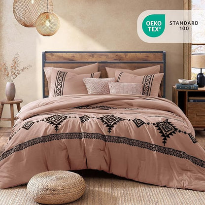 MaiRêve Embroidery Comforter Set, Boho Farmhouse Western Bedding Set, All Season Bed in A Bag Comforter Set with Sheets, Pillowcases & Shams, Dusty Pink Full 7 Pieces