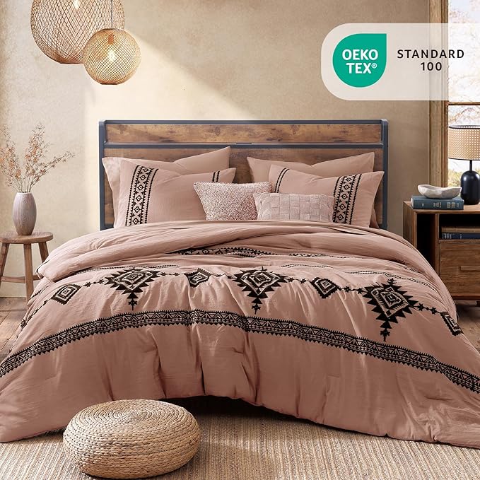 MaiRêve Embroidery Comforter Set, Boho Farmhouse Western Bedding Set, All Season Bed in A Bag Comforter Set with Sheets, Pillowcases & Shams, Dusty Pink King 7 Pieces