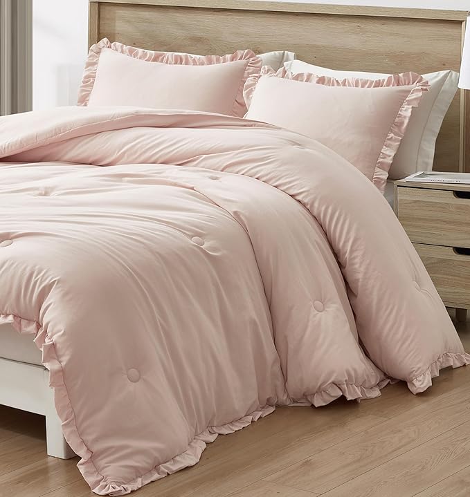 Chezmoi Collection Nora Blush Comforter Set King Size 3-Piece Fluffy Soft Stone-Washed Ruffled Shabby Chic Bedding for All Season