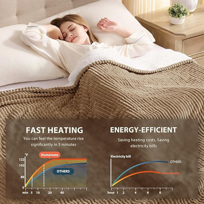 Homemate Electric Blanket Full Size- 72"x84" Heated Blanket Full Size 1/2/4/6/8 Hours Auto-Off 10 Heat Levels Over-Heat Protection Soft Flannel Sherpa Full Size ETL Certification