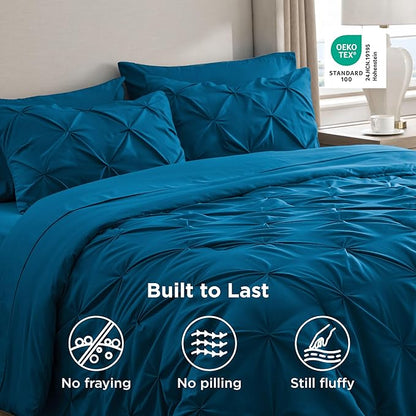 Bedsure Queen Comforter Set Teal - Bed in a Bag Queen Size Bedding 7 Pieces, GentleSoft™ Pintuck Bed Set Gift for Family, Pinch Pleat All Season Comforter with Sheets, Pillowcases & Shams