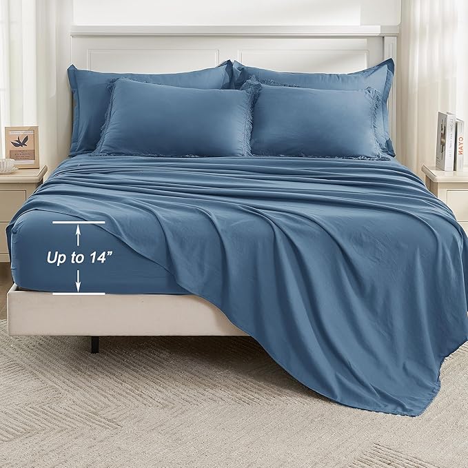 Andency Queen Comforter Set with Sheets Sea Blue - 7 Pieces Boho Tassel Bed in a Bag Soft Lightweight Bedding Sets, Fringe Bed Set with Comforter, Sheets, Pillowcases & Shams