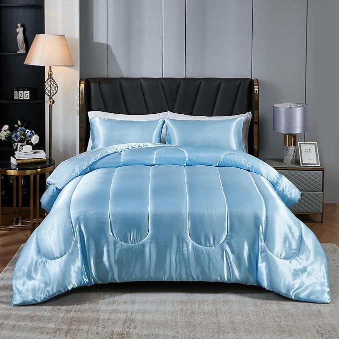 Satin Comforter Set King Silk Like Blue Bedding Set Luxury Hotel Silky Bed Home Deocr Sexy Silky Down Comforter Baby Blue Bed Set