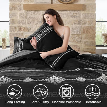 Embroidered Boho Comforter Set Twin Size, 2-Piece Western Shabby Chic Bedding Sets - Fluffy Ultra Soft Microfiber with Intricate Design, Includes Comforter & 1 Pillowcase, Black(68"x88")