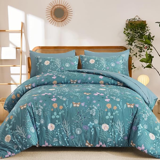 Yiran Queen Comforter Set, 7 Pieces Mineral Blue Floral Soft Bedding Sets, Queen Bed in a Bag with Botanical Flowers All Season Comforter, Sheets, Pillowcases & Shams