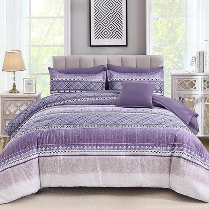 WONGS BEDDING 8 Piece Queen Size Comforter Set, Texture Striped Bed in a Bag Purple Comforter and Sheet Set, Boho Lightweight Microfiber Bedding Set for All Season (90"×90")