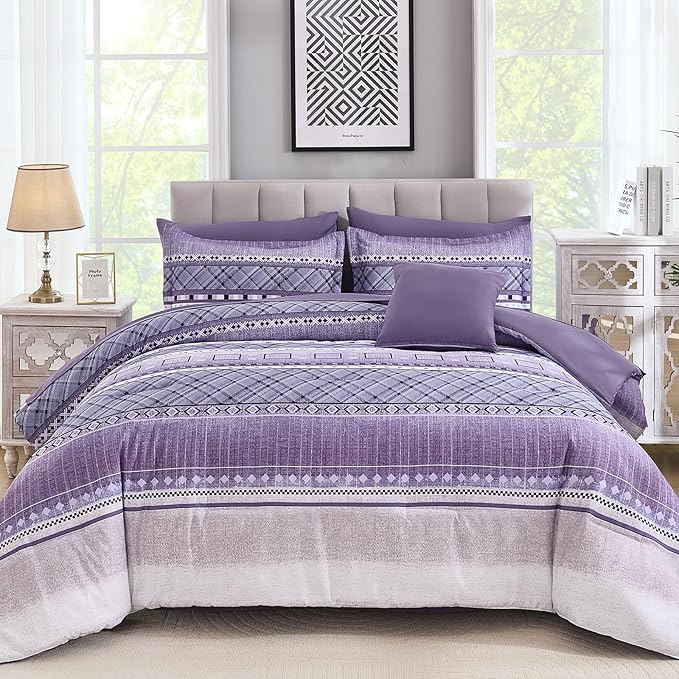 WONGS BEDDING 8 Piece King Size Comforter Set, Texture Striped Bed in a Bag Purple Comforter and Sheet Set, Boho Lightweight Microfiber Bedding Set for All Season (90"×104")