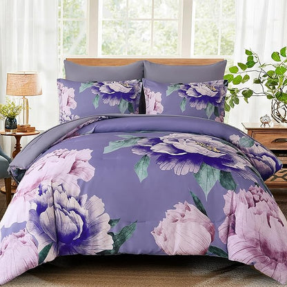 Dobuyly Floral Comforter Set King Size 7 Piece Bed in a Bag, Purple Pink Flower Comforter Set with Sheets, Soft Microfiber Botanical Flower Bedding Set for All Season
