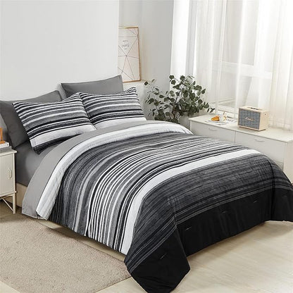 KAKIJUMN 5 Piece Bed in a Bag Stripe Comforter Set Twin Size, White Grey Black Patchwork Striped Comforter and Sheet Set, All Season Soft Microfiber Complete Bedding Sets(Grey,Twin)