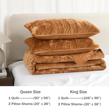 Homzard Velvet Golden Brown King Size Comforter Set, King Size Quilt Set Velvet Quilt Bedding Set, Soft Bedspread Coverlet, Luxury Bedding for All Season,3 Pieces Bed Set