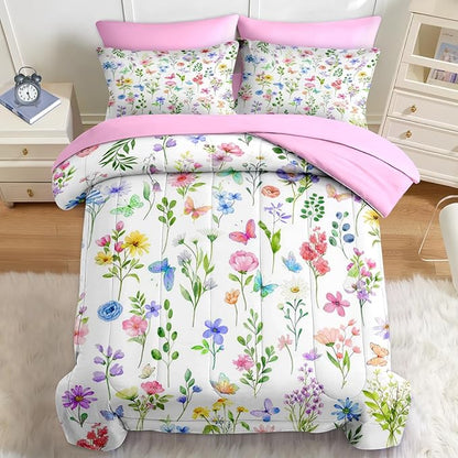 Nesker 5 Pcs Spring Comforter Set Twin Size, Pastel Floral Bedding Set for Kids and Adults, Colorful Pink Butterfly Bed Sheet Sets with Fitted Sheet Pillowcase & Sham