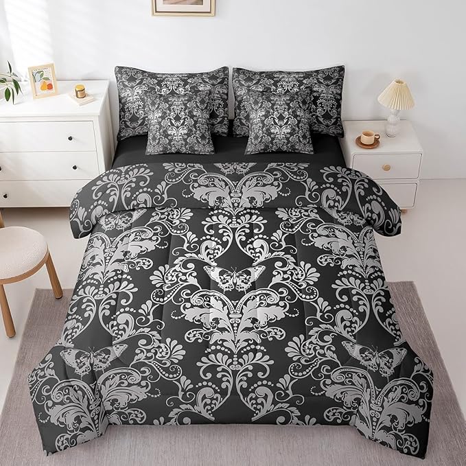 Erosebridal Gothic Damask Comforter Set 7 Piece Bed in a Bag Twin,Butterfly Skull Bedding Sets Black White Victorian Floral Goth Sheet Set with Comforter