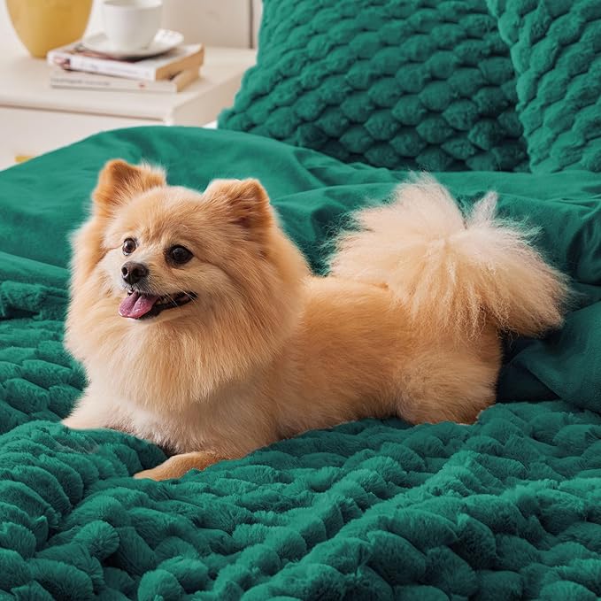 BEDELITE Fluffy Queen Comforter Set - Dark Green Fleece Soft Comforter for Queen Size Bed, Luxury Warm Bedding Set for Winter, Fuzzy Bed Set 3 Pieces (1 Comforter, 2 Pillowcases)