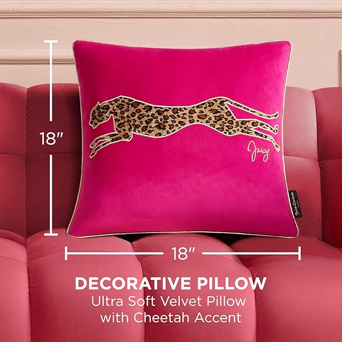 Juicy Couture Reversible Velvet Cheetah Pillow, 18" x 18" Decorative Pillow, Hot Pink