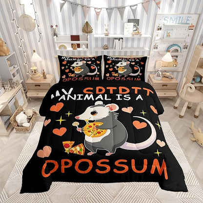 Cute Opossum Bedding Set for Boys Girls,Pizza Candy Dessert All Season Cozy Comforter Set Full Size,Cartoon Animal Theme Duvet Set Bedroom Decor,Festival Gifts