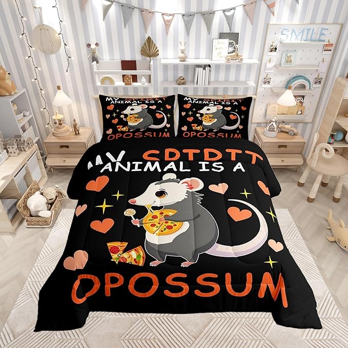 Pizza Candy Dessert Comforter Set with 2 Pillowcases,Cartoon Animal Theme Super Soft Microfiber Bedding Set for Adults Teens,Cute Opossum Duvet Set for Room Decor,King