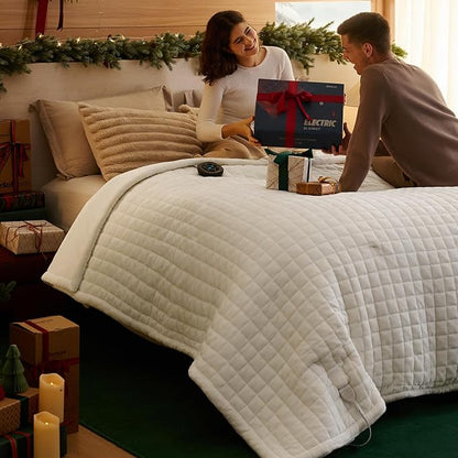 Bedsure Electric Blanket Queen Size - Quilted Winter Bedding of Thick Flannel, Dual Control Heated Blanket with 10 Heat & 10 Time Settings, Fast Heating for Cold Sleepers (84x90 inches, Ivory)