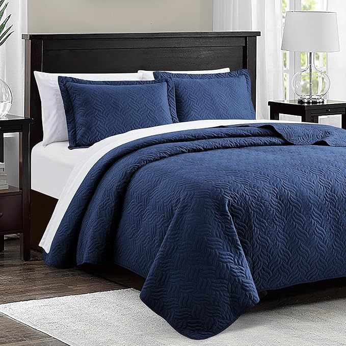 Love's cabin Quilts for Queen Bed Navy Blue Bedspreads - Soft Bed Summer Lightweight Bedspread Comforter - Modern Style Wave Pattern Coverlet for All Season - 3 Pieces (1 Quilt, 2 Pillow Shams)