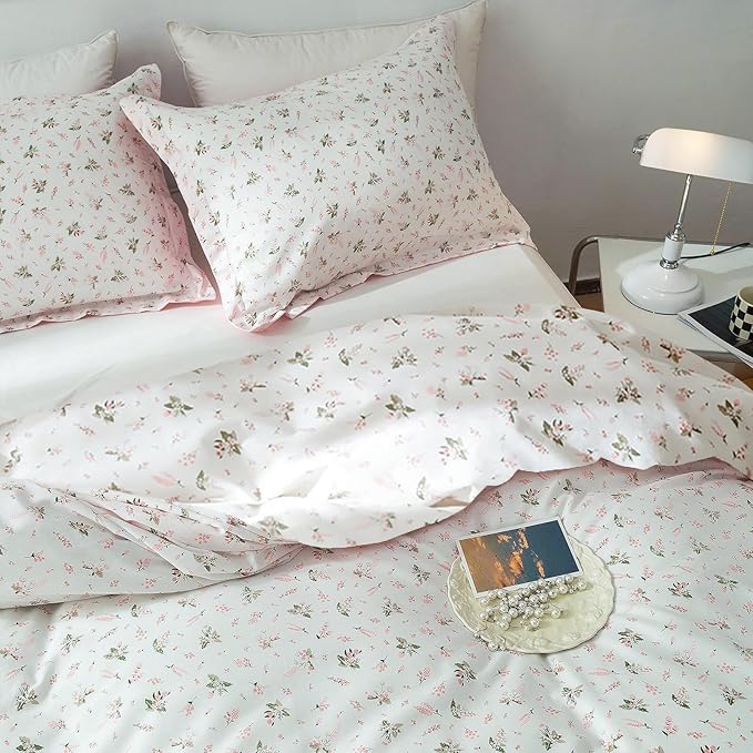 mixinni Girl Floral Full Size Comforter Pink White Flower Leaf Print Bedding Sets, Cute Floral Bedding Comforter Sets for All Seasons-(1 Comforter+2 Pillow Shams)-Full Size