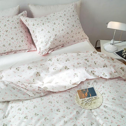 mixinni Girl Floral Full Size Comforter Pink White Flower Leaf Print Bedding Sets, Cute Floral Bedding Comforter Sets for All Seasons-(1 Comforter+2 Pillow Shams)-Full Size