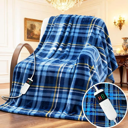 Electric Blanket Heated Queen, Soft Flannel 90"x84" Plaid Heating Blanket with 8 Hours Auto Off 10 Fast Heating Levels Machine Washable Sherpa Heated Blanket with Overheating Protection