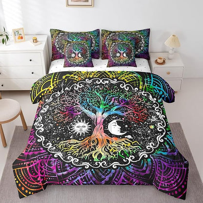 Erosebridal 7 Pcs Tree of Life Comforter Set King Size,Sun and Moon Bed in a Bag with Flat Fitted Sheet for Kids and Adults,Boho Mandala Flower Galaxy Bedding Set with Pillowcases and Cushion Cases
