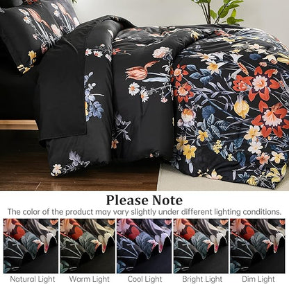 WONGS BEDDING King Comforter Set 7 Piece, Black Floral Bed in a Bag Bedding Set with Botanical Flowers Patterns, Soft Lightweight Complete Comforters with Sheets for All Season