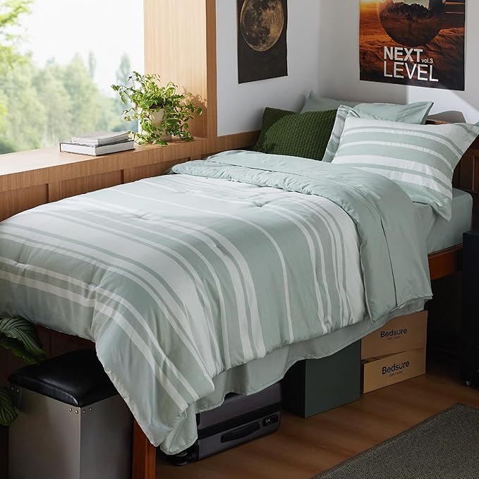 Bedsure Twin XL Comforter Set 5 Pieces, Sage Green Striped Bedding Set for All Seasons, Reversible, Cationic Dyeing Bed in a Bag with Comforter, Sheets, Pillowcase & Sham