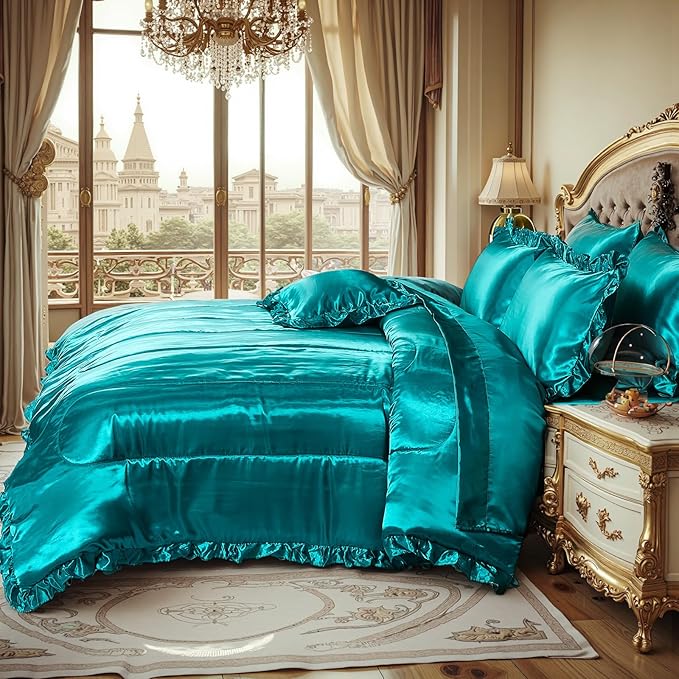 Silky Comforter Set with Sheet Set King 8 Pcs Peacock Green Bed in a Bag Green Bedding Set Silk Like Satin Ruffle Home Deocr Sexy Hotel Silky Bed Set with 1 Cushion Cover