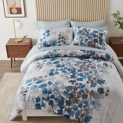 Full Comforter Set Blue Bed Set, 9 Pieces Cute Floral Bedding Set Ultra Soft Botanical Flowers Comforter, Sheets, Pillowcases & Shams
