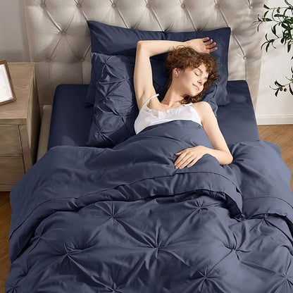 Nestl Twin XL Comforter Set 5 Piece - Pintuck Twin XL Bedding Set Navy, College Dorm Room Essentials Bed in a Bag, Twin XL Comforter Set for College Girls and Boys with Sheets, Pillowcase and Sham