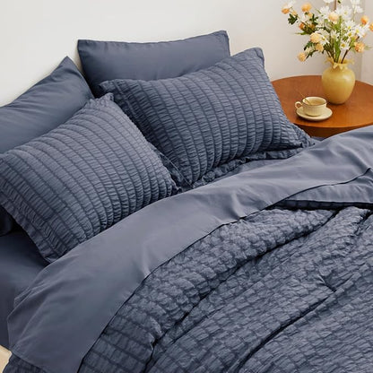 Love's cabin Seersucker Navy Blue California King Comforter Set, 7-Piece All Season Lightweight Bed in a Bag Bedding Set with Comforter, Flat Sheet, Fitted Sheet, Pillowcases and Shams | Soft, Breathable, Lightweight
