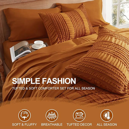 Burnt Orange Tufted Textured Comforter Set Queen Size, 7 Piece Bed in a Bag，Shabby Chic Boho Bedding for Bedroom Comforter，All Season Soft Microfiber Ruffle Comforter Set with Pillow and Sheets