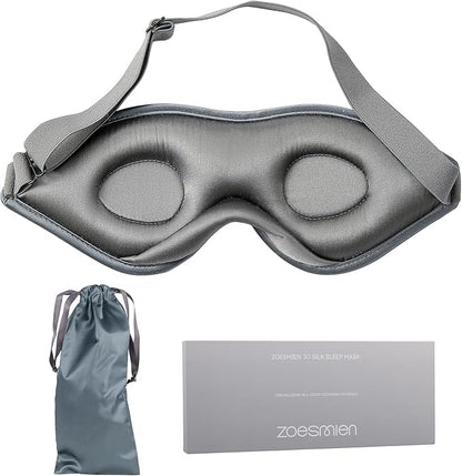 Sleep Mask Silk - 100% Mulberry Silk Eye Mask, ZOESMIEN 3D Contoured Eye Mask for Women Men, Light Blocking Side Sleeper Puffiness Dry Eyes, Unique Nose Bridge Design, Christmas Gift, Night Gray