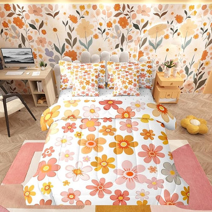 Erosebridal Groovy Flower 7 Piece Comforter Set Queen | Vintage Floral Bed in A Bag Geometric Hippie Garden Funky Sheet Set Breathable Lightweight Pastoral Style Fitted Sheet Reversible