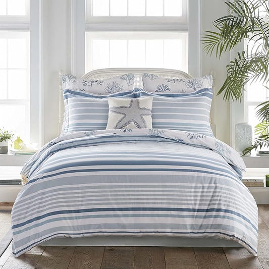 Levtex Home - Truro Duvet Cover Set - Full/Queen Duvet Cover + Two Standard Pillow Cases - Watercolor Coral - Blue and White - Duvet Cover (90 x 94in.) and Pillow Case (26 x 20in.) - Cotton