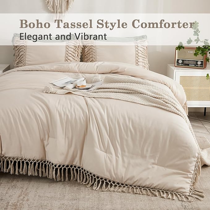 Andency Comforter Queen Size Set Beige, 3 Pieces Tassel Boho Lightweight Winter Bedding Comforters & Sets, All Season Bed Set (90x90In Comforter & 2 Pillowcases)