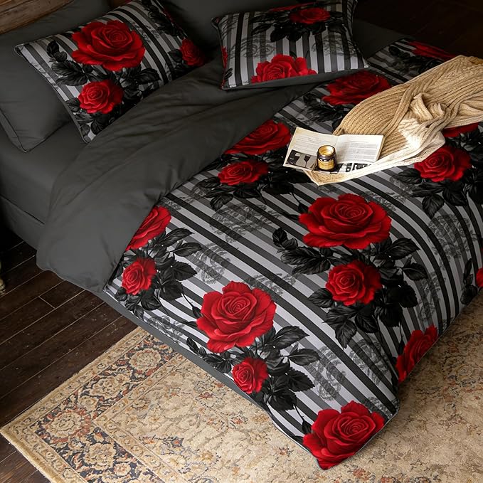 Dark Floral Comforter Set Full Size, Red Rose Soft Microfiber Bedding Set on Black Grey Stripe Background for Girls American Vintage Style Bedroom Decor, 3Pcs & 2 Pillowcases