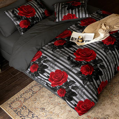 Dark Floral Comforter Set Full Size, Red Rose Soft Microfiber Bedding Set on Black Grey Stripe Background for Girls American Vintage Style Bedroom Decor, 3Pcs & 2 Pillowcases