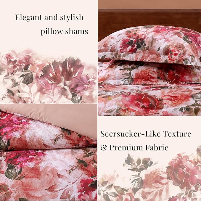 CASAAGUSTO Queen Comforter Set, 7 PCS Red Rose Floral Comforter Set with Flowers Leaves Pattern, Soft Seersucker Design All Season Queen Size Bedding Set(90"X90")
