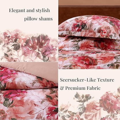 CASAAGUSTO Queen Comforter Set, 7 PCS Red Rose Floral Comforter Set with Flowers Leaves Pattern, Soft Seersucker Design All Season Queen Size Bedding Set(90"X90")