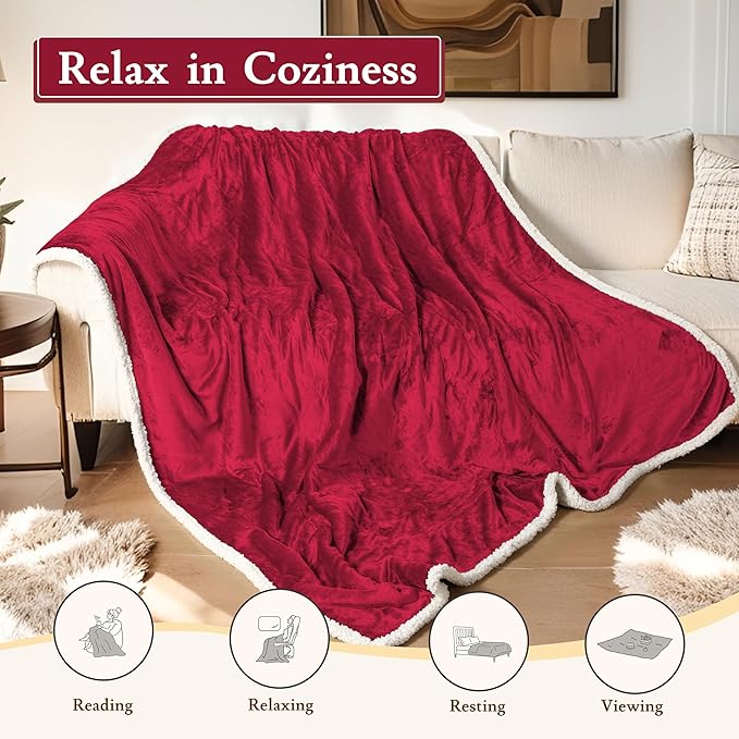 Electric Heated Blanket 72"x84" Full Size Flannel & Sherpa - 4 Heat Settings & 10H Auto Shut Off for Safe Overnight Use, Fast Heating, Machine Washable for Bed, Couch, Office - Red