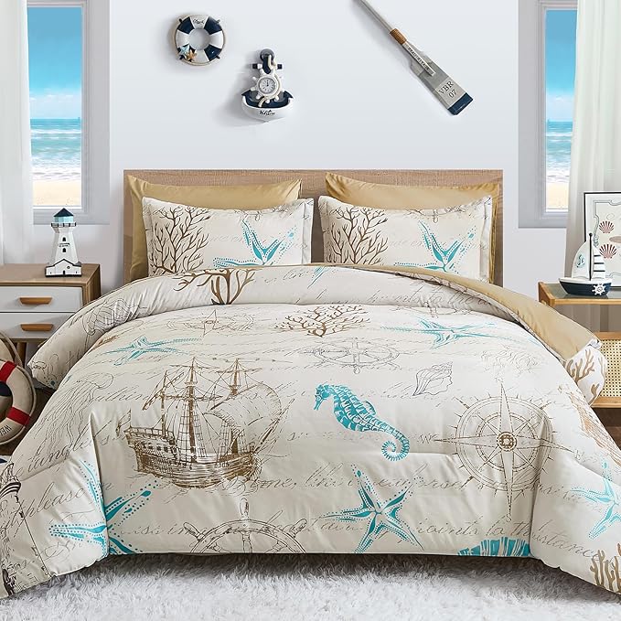 Comforter Set King Size Coastal, Beach Themed Comforters,7 Pieces Ocean Starfish Bed in a Bag Nautical Bedding with Sheets for Spring Summer