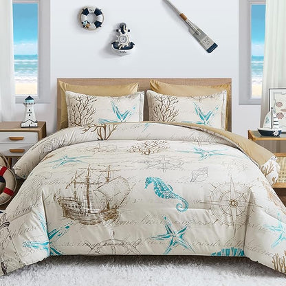 Comforter Set King Size Coastal, Beach Themed Comforters,7 Pieces Ocean Starfish Bed in a Bag Nautical Bedding with Sheets for Spring Summer