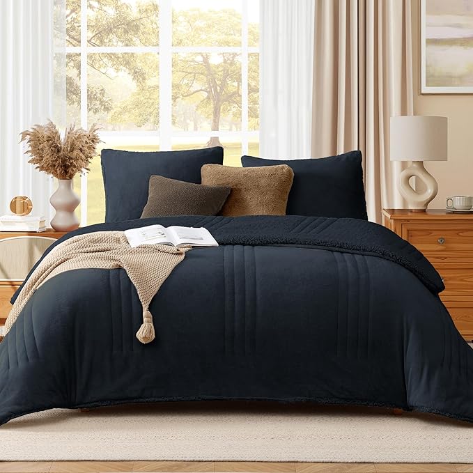 Monbix Fluffy Full Comforter Set Navy Blue, Sherpa Plush Fuzzy Comforter 3 Piece for Full Size Bed, Luxury Soft Winter Warm Bedding Set