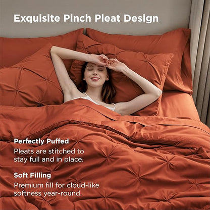 Bedsure Full Comforter Set Burnt Orange - Bed in a Bag Full Size Bedding Set 7 Pieces, GentleSoft™ Pintuck Bed Set Gift for Family, Pinch Pleat All Season Comforter with Sheets, Pillowcases & Shams