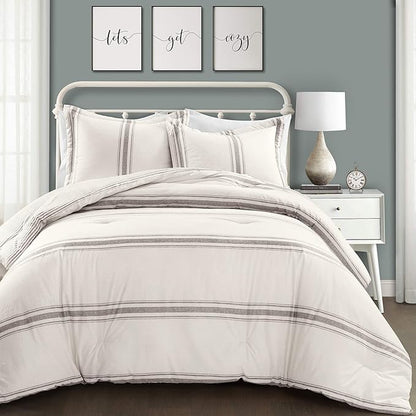 Lush Decor Stripe Reversible Cotton Comforter Set, Cozy Farmhouse Bedding Set, Full/Queen, Gray, 3 Piece Set
