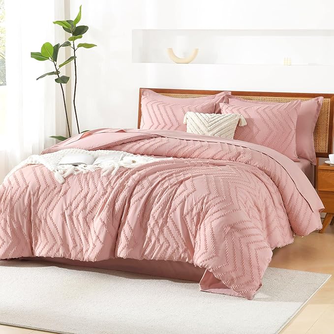 Litanika Blush Pink California King Size Comforter Set with Sheets - 7 Pieces Bed in a Bag California King Boho Tufted Complete Bedding Sets with Comforter, Sheets, Pillowcases & Shams